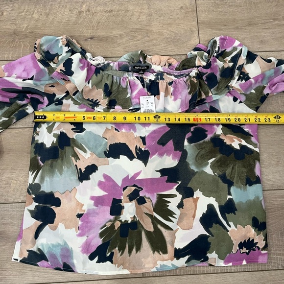 J. CREW MERCANTILE purple & green floral watercolor off the shoulder blouse L - Picture 5 of 11